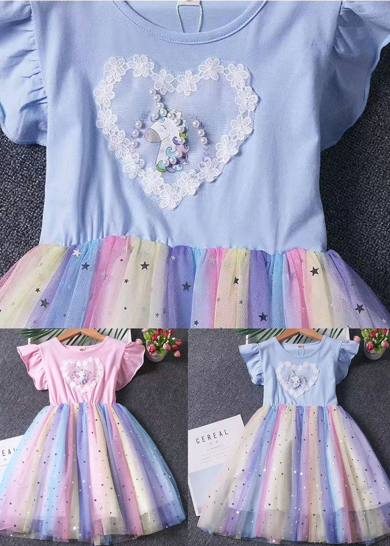 Blue Ruffled Nail Bead Patchwork Tulle Kids Dresses Summer