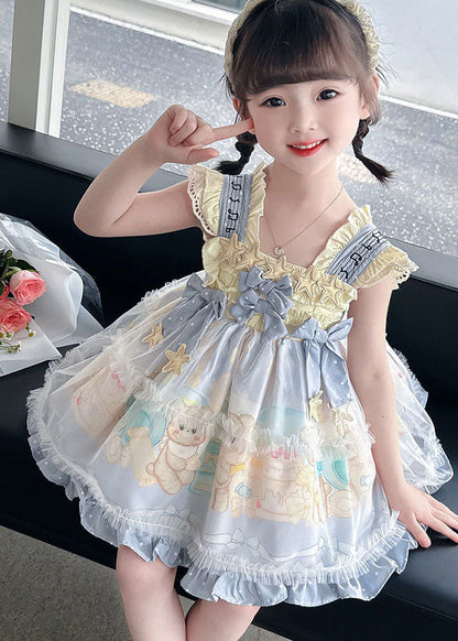 Blue Ruffled Print Bow Patchwork Chiffon Baby Dresses Summer