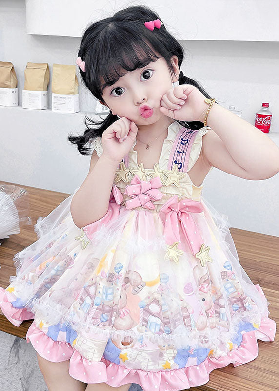 Blue Ruffled Print Bow Patchwork Chiffon Baby Dresses Summer