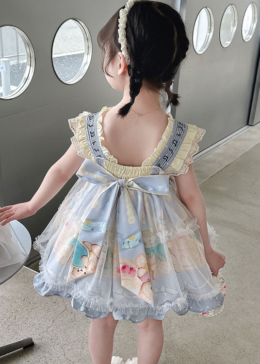 Blue Ruffled Print Bow Patchwork Chiffon Baby Dresses Summer