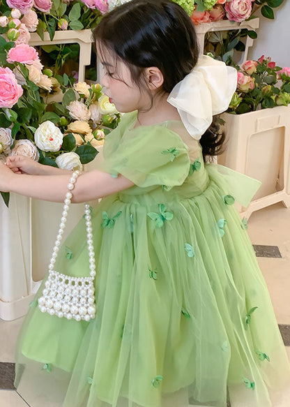 Green Wrinkled Butterfly Patchwork Tulle Baby Dresses Summer