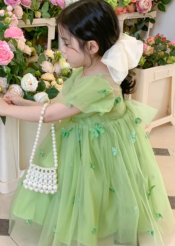 Green Wrinkled Butterfly Patchwork Tulle Baby Dresses Summer