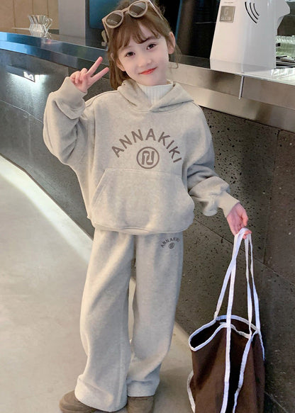 Grey Kids Fleece Hooded Sweatshirt and Wide Leg Pants Two Pieces Set Spring