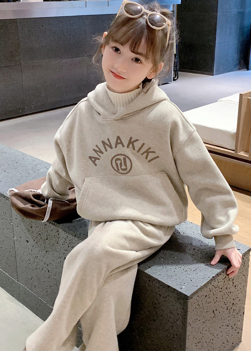 Grey Kids Fleece Hooded Sweatshirt and Wide Leg Pants Two Pieces Set Spring