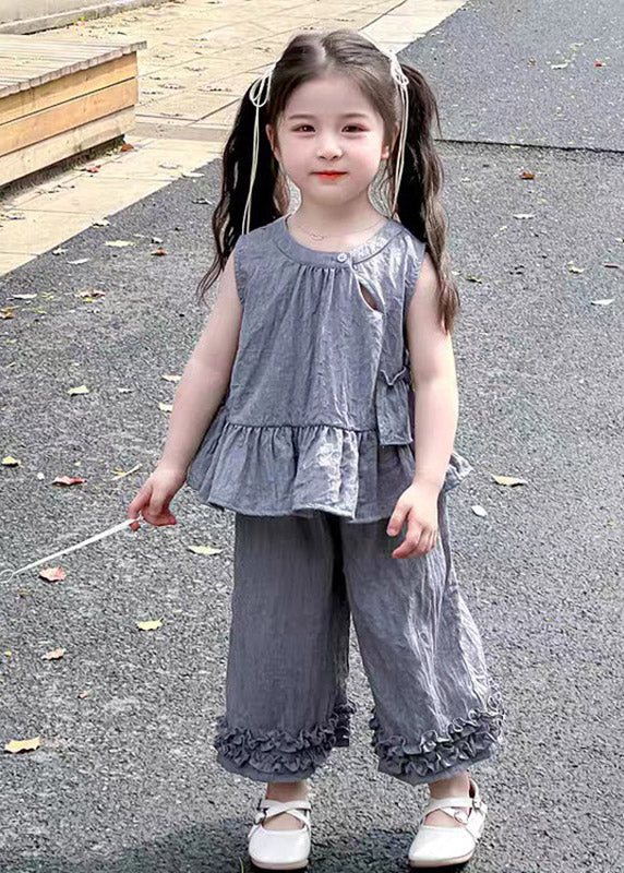 Grey Ruffled Patchwork Kids T Shirt and Crop Pants Two Piece Set Sleeveless