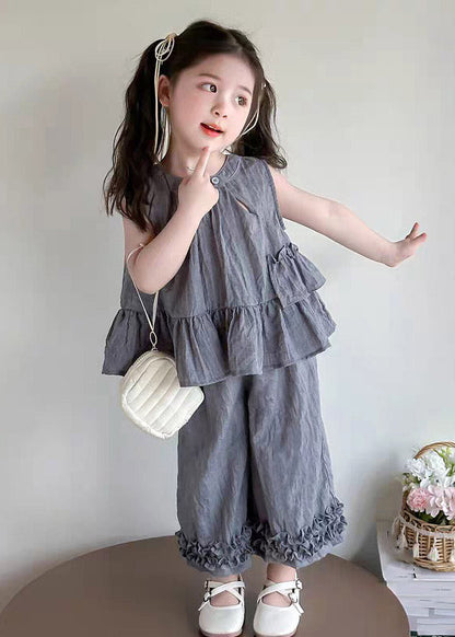 Grey Ruffled Patchwork Kids T Shirt and Crop Pants Two Piece Set Sleeveless