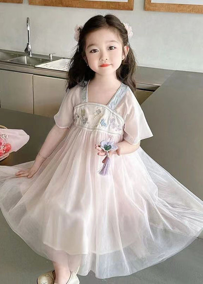 Light Pink Square Collar Embroideried Patchwork Tulle Kids Long Dresses Summer