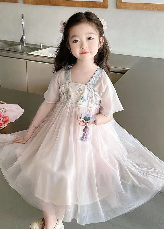 Light Pink Square Collar Embroideried Patchwork Tulle Kids Long Dresses Summer