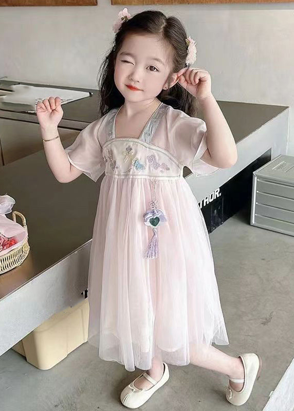 Light Pink Square Collar Embroideried Patchwork Tulle Kids Long Dresses Summer