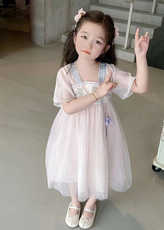 Light Pink Square Collar Embroideried Patchwork Tulle Kids Long Dresses Summer
