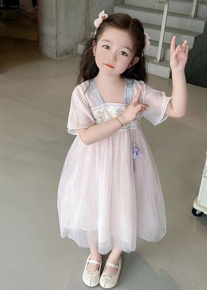 Light Pink Square Collar Embroideried Patchwork Tulle Kids Long Dresses Summer