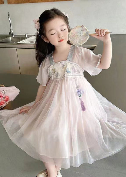 Light Pink Square Collar Embroideried Patchwork Tulle Kids Long Dresses Summer