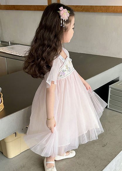 Light Pink Square Collar Embroideried Patchwork Tulle Kids Long Dresses Summer