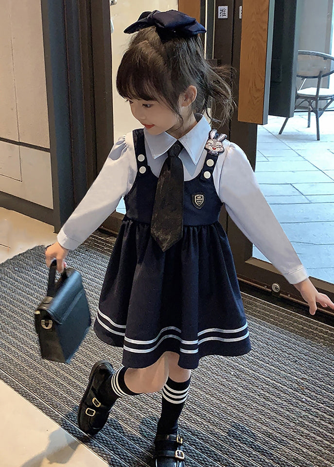 Navy Peter Pan Collar False Two Pieces Cotton Dresses Fall