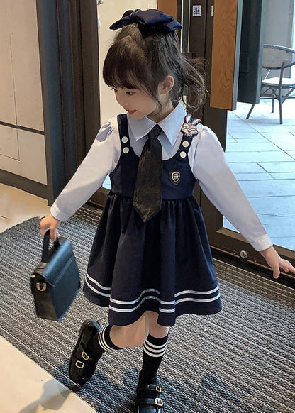 Navy Peter Pan Collar False Two Pieces Cotton Dresses Fall