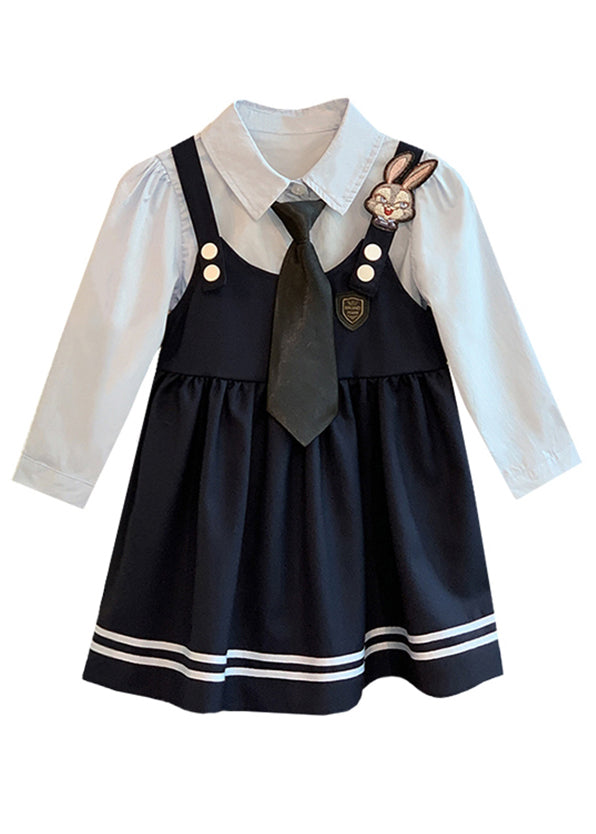 Navy Peter Pan Collar False Two Pieces Cotton Dresses Fall