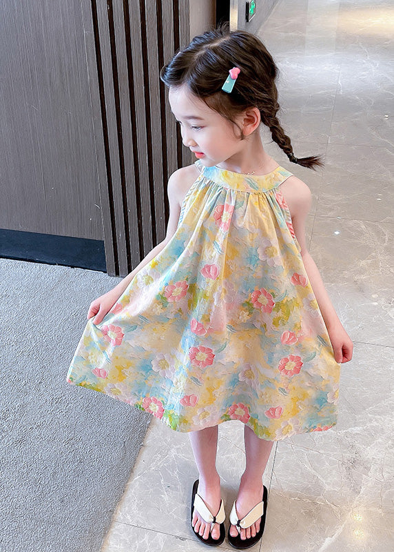 O-neck Print Cotton Slip Mid Dress Sleeveless