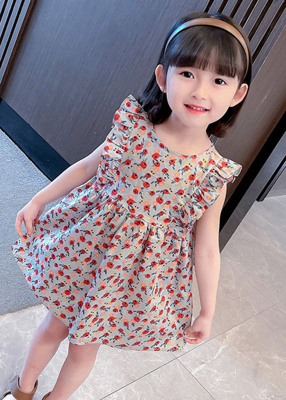 O-neck Ruffled Print Kids Maxi Dress Summer