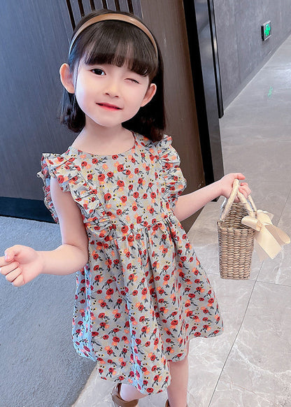 O-neck Ruffled Print Kids Maxi Dress Summer