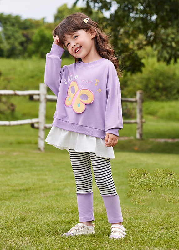 Pink Butterfly Patchwork Sweatshirts and Pants Two Pieces Set Spring