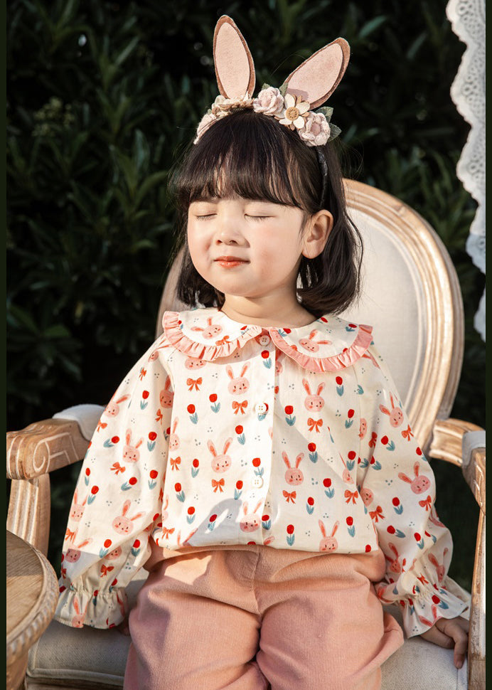 Pink Button Print Cotton Blouses Long Sleeve