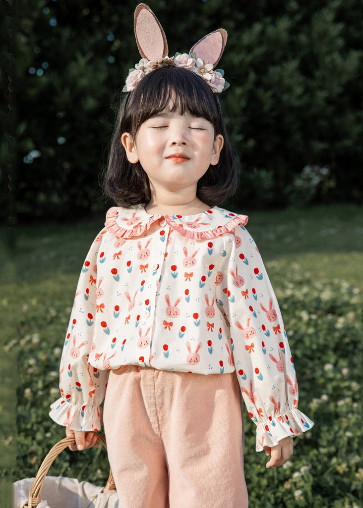 Pink Button Print Cotton Blouses Long Sleeve