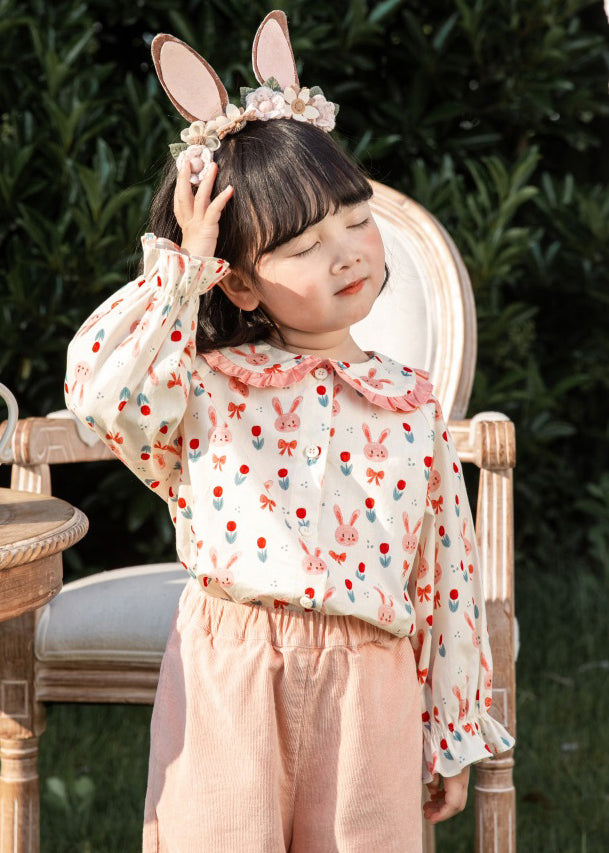 Pink Button Print Cotton Blouses Long Sleeve