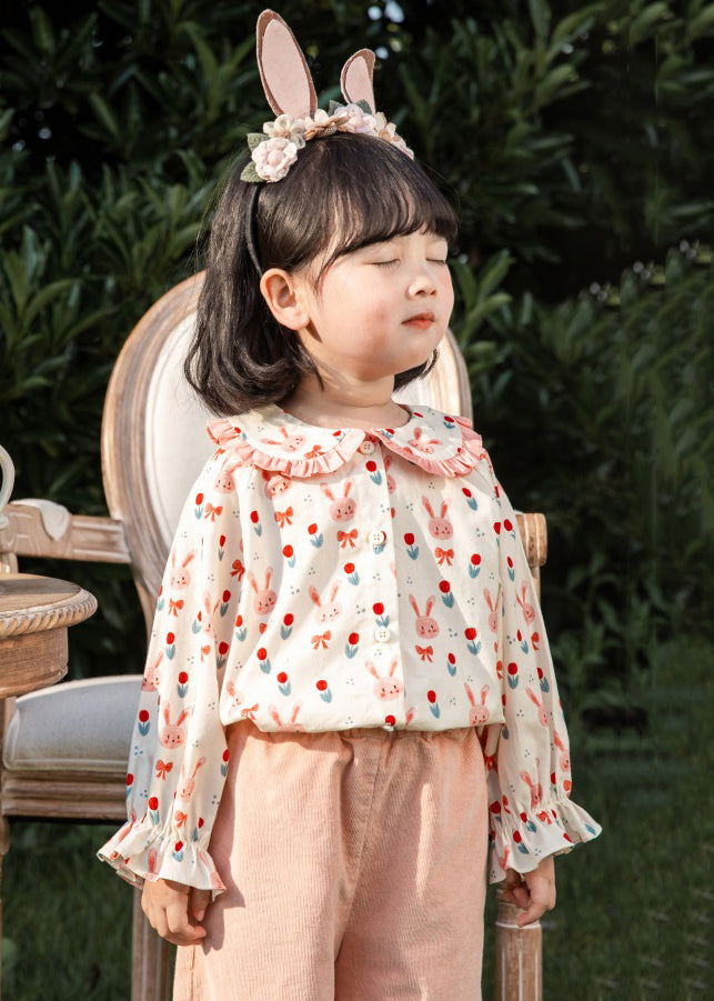 Pink Button Print Cotton Blouses Long Sleeve