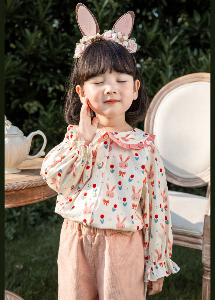 Pink Button Print Cotton Blouses Long Sleeve