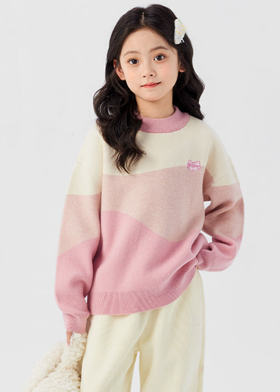 Pink O-neck Cotton Knit Sweaters Spring
