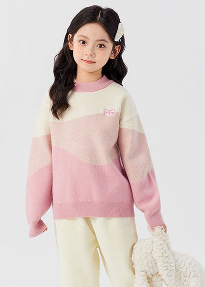 Pink O-neck Cotton Knit Sweaters Spring