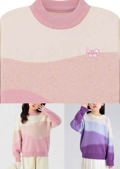 Pink O-neck Cotton Knit Sweaters Spring
