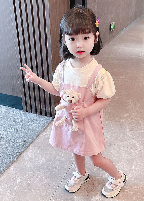Pink O Neck Patchwork Cotton Kids Dresses Summer
