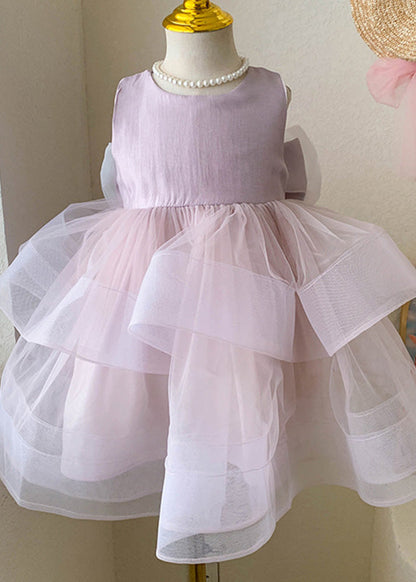 Pink O-neck Patchwork Layered Tulle Kids Dress Summer