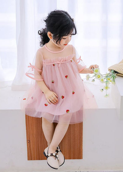 Pink O-neck Patchwork Strawberry Tulle Kids Mid Dress Short Sleeve
