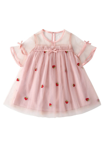 Pink O-neck Patchwork Strawberry Tulle Kids Mid Dress Short Sleeve