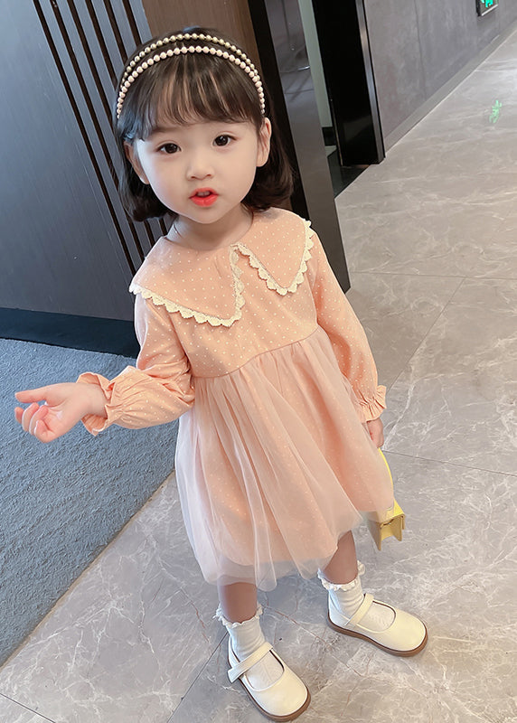 Pink Peter Pan Collar Dot Tulle Patchwork Kids Vacation Maxi Dresses Fall