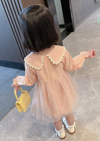 Pink Peter Pan Collar Dot Tulle Patchwork Kids Vacation Maxi Dresses Fall