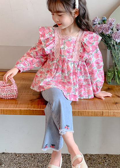 Pink Print Cotton Top and Denim Pants Baby Two Pieces Set Fall