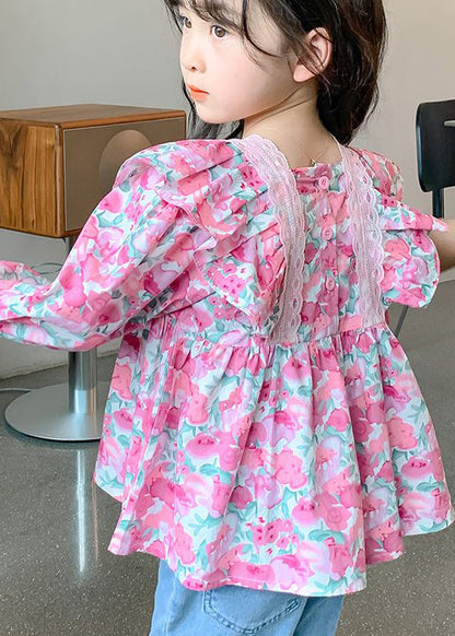 Pink Print Cotton Top and Denim Pants Baby Two Pieces Set Fall