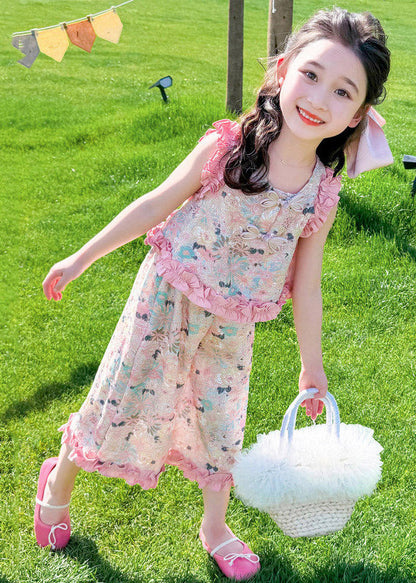 Pink Print Ruffled Top and Crop Pants Set Two Piece Set Summer