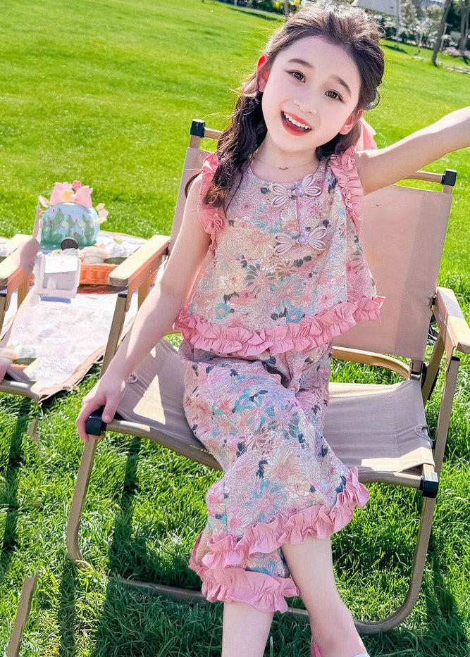 Pink Print Ruffled Top and Crop Pants Set Two Piece Set Summer