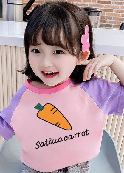 Pink Purple O-neck Graphic Print Kids Tops Summer