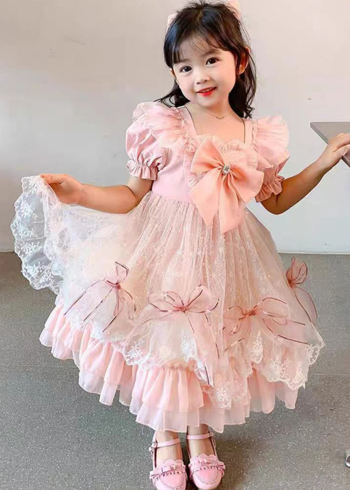 Pink Ruffled Bow Patchwork Tulle Baby Princess Dress Summer