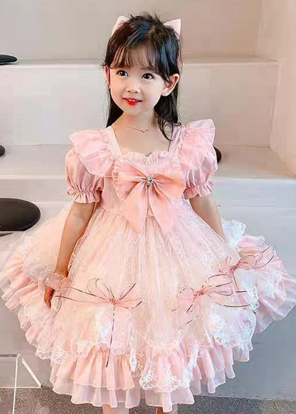 Pink Ruffled Bow Patchwork Tulle Baby Princess Dress Summer