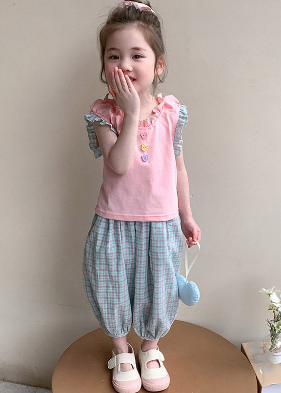 Pink Ruffled Patchwork T Shirt and Crop Pants Two Pieces Set Summer