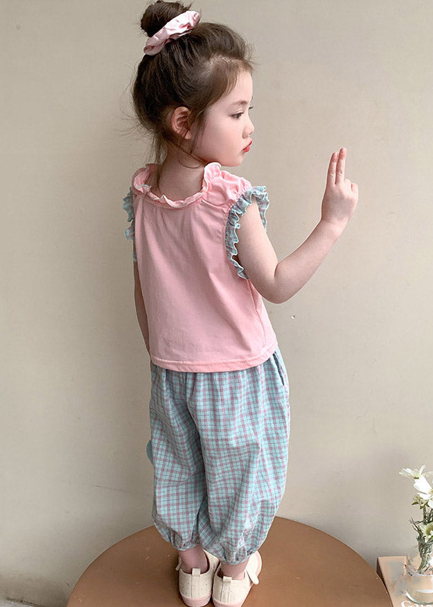 Pink Ruffled Patchwork T Shirt and Crop Pants Two Pieces Set Summer