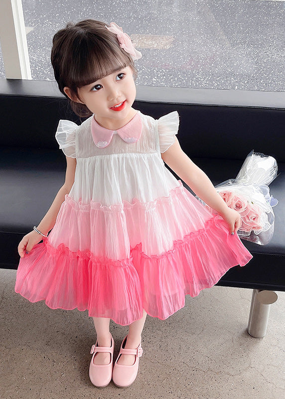 Pink Ruffled Patchwork Tulle Kids Layered Maxi Dresses Sleeveless