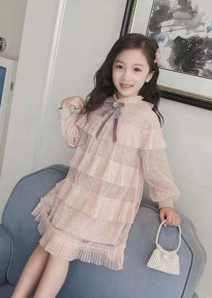 Pink Ruffled Patchwork Warm Fleece Kids Dress Fall