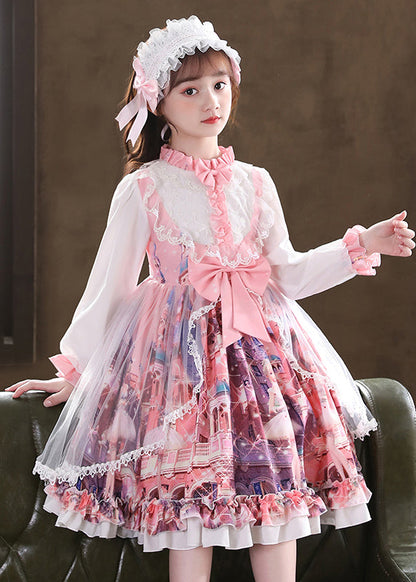 Pink Ruffled Print Bow Patchwork Tulle Kids Dress Fall